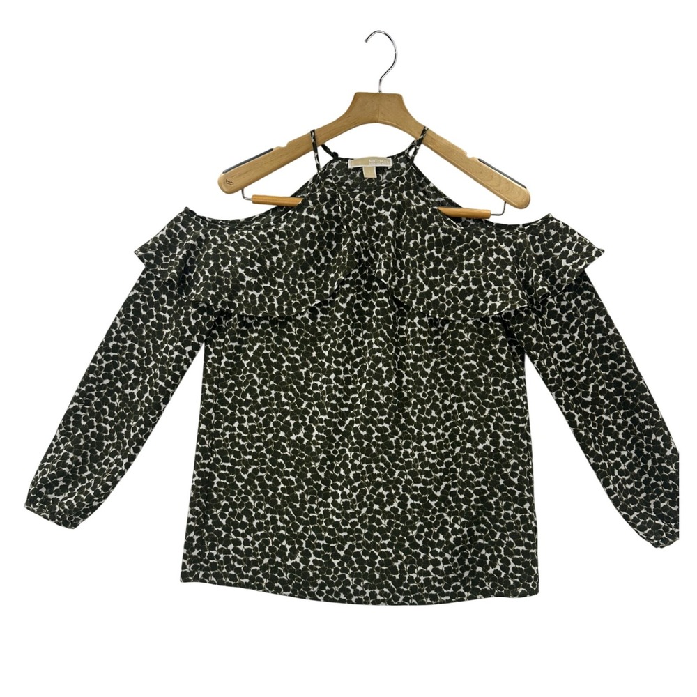 MICHAEL KORS Womens Cold Shoulder Ruffle Blouse Green Animal Print Size S